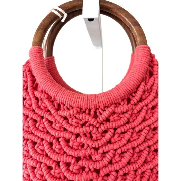 Sigrid Olsen Handcrafted Coral Crochet Tote Wooden Handles Resort Bag Lined NWT - Picture 14 of 16